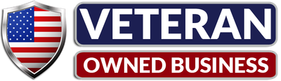 Shield with American flag and text 'Veteran Owned Business'.
