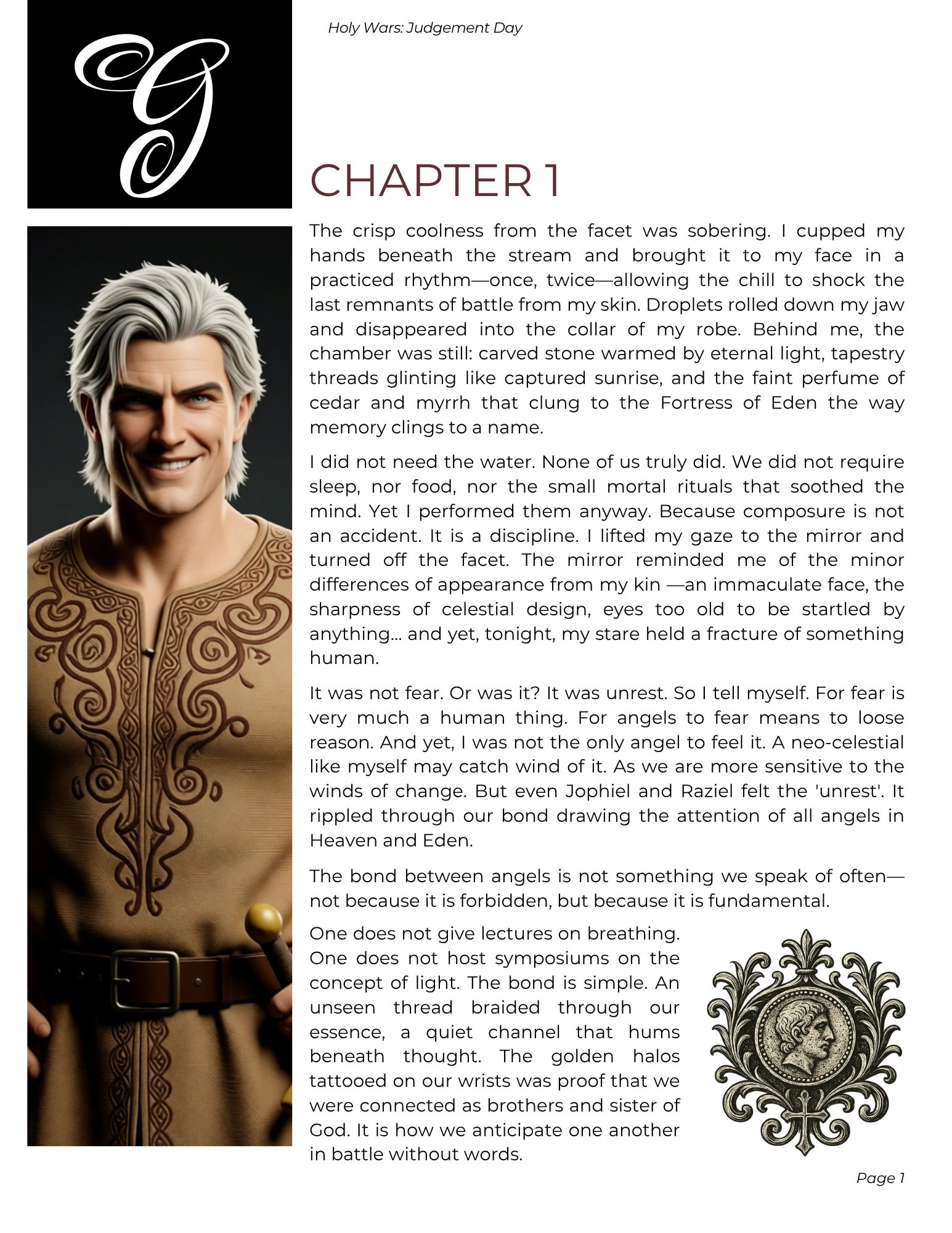 Introduction to Holy Wars: Judgement Day with a detailed description of an angel's introspection.