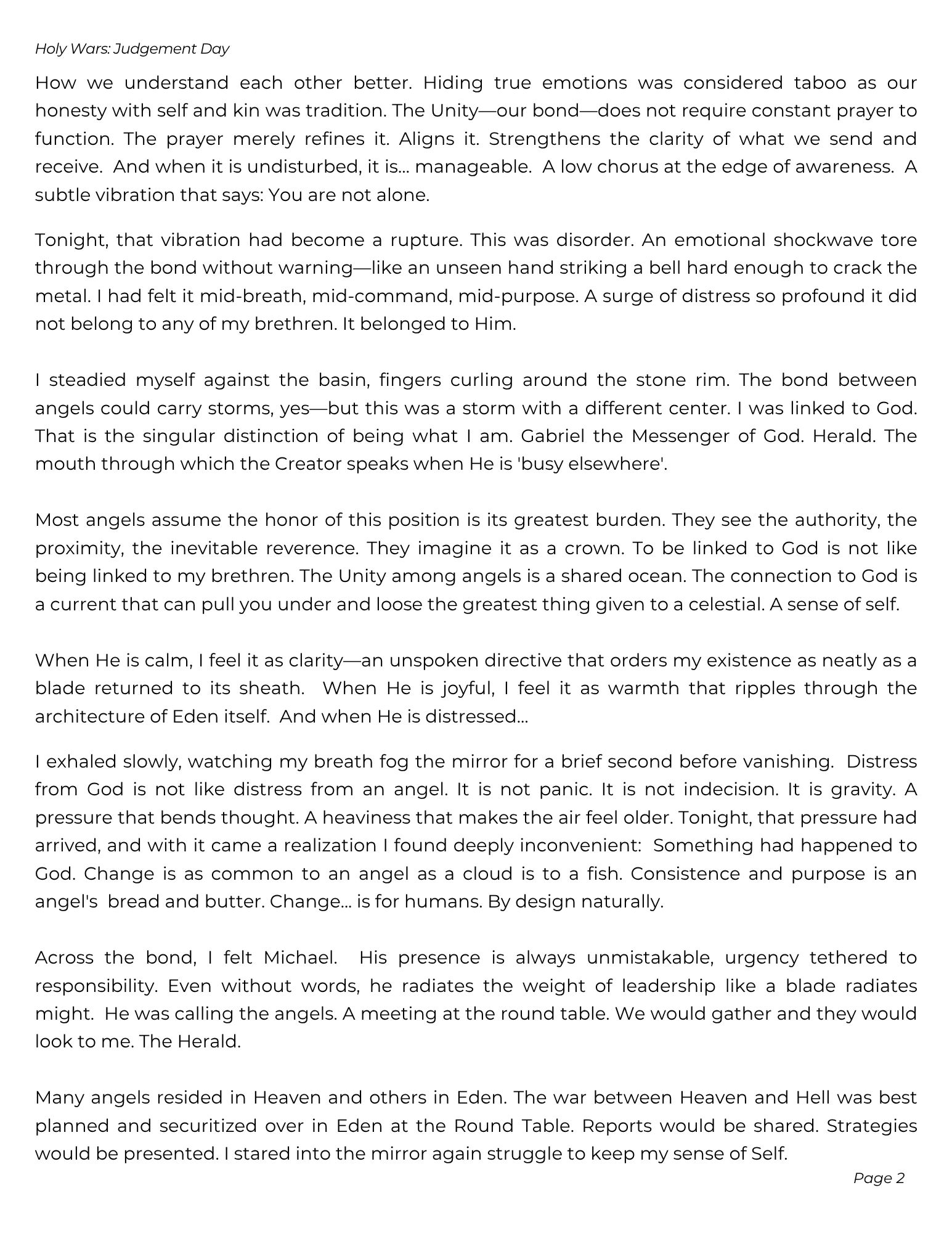 A reflective passage from 'Holy Wars: Judgement Day' about angels, God, and emotional bonds.