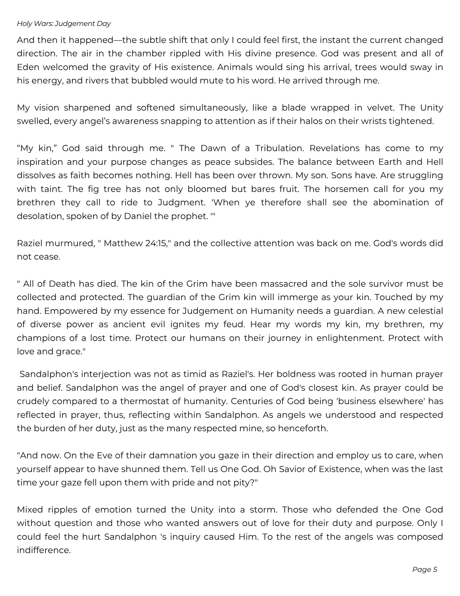 Excerpt from Holy Wars: Judgement Day describing divine presence and angelic dialogue.