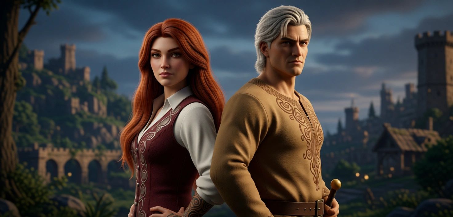 A man and woman standing back to back in a medieval setting.