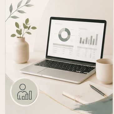 Laptop on desk displaying data charts with plant and coffee cup nearby.