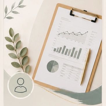 Clipboard with charts and a pen on a creative desk setup.
