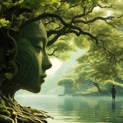 A serene forest scene with a tree shaped like a woman's face beside a calm lake.