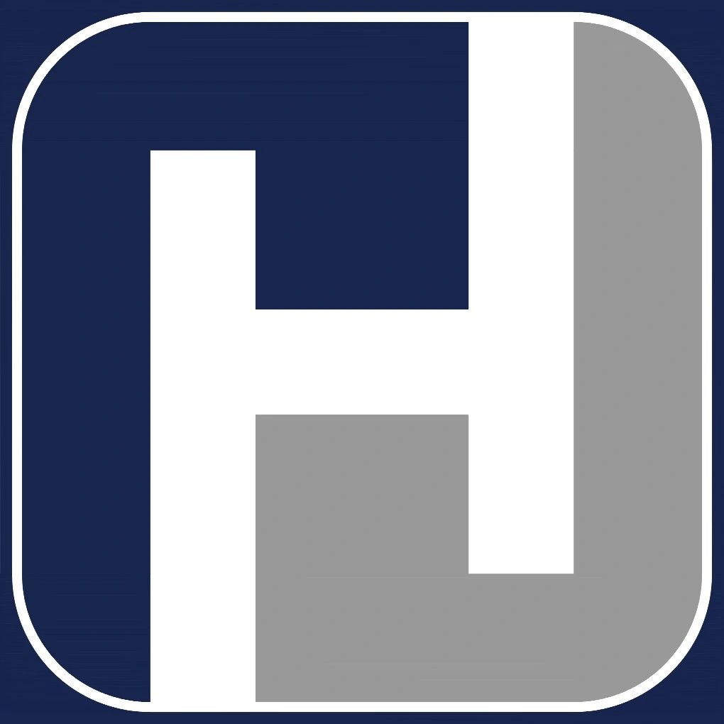 Abstract logo with interlocking shapes in navy and gray.