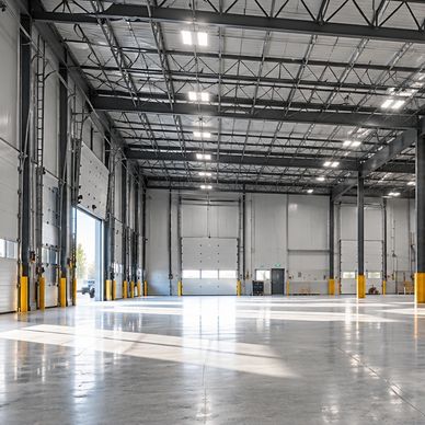 Empty industrial warehouse interior with polished floors.