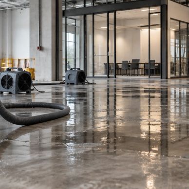 Machines drying wet concrete floor in office area.