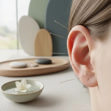 Acupuncture needles inserted in and around a person's ear.