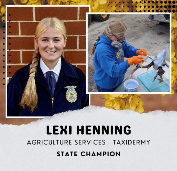 Lexi Henning, state champion in agriculture taxidermy, shown smiling and working on a project.