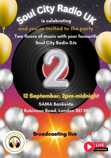 Soul City Radio UK celebrates 2 years with a party and live DJs on September 12.