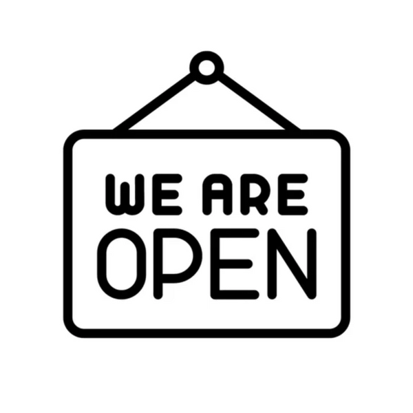 Black and white sign that says 'We Are Open'.