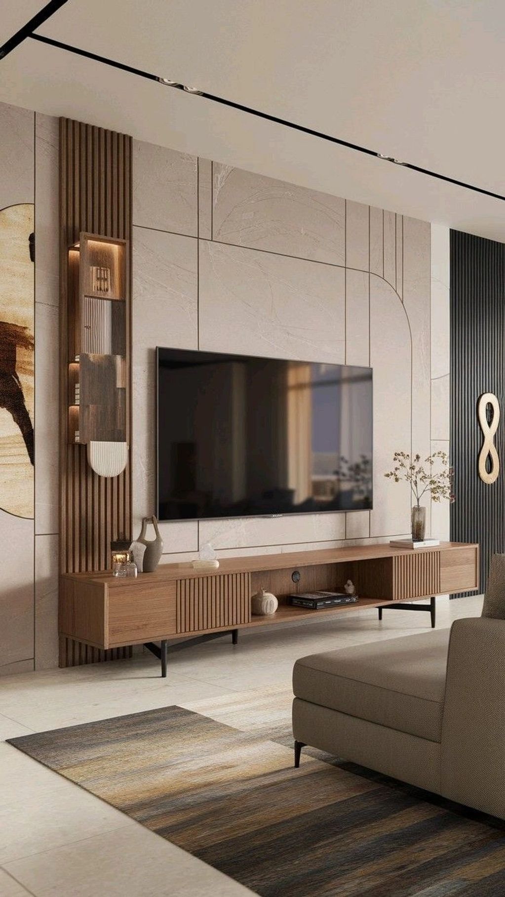 Modern living room with a sleek wooden TV console and minimalist decor.