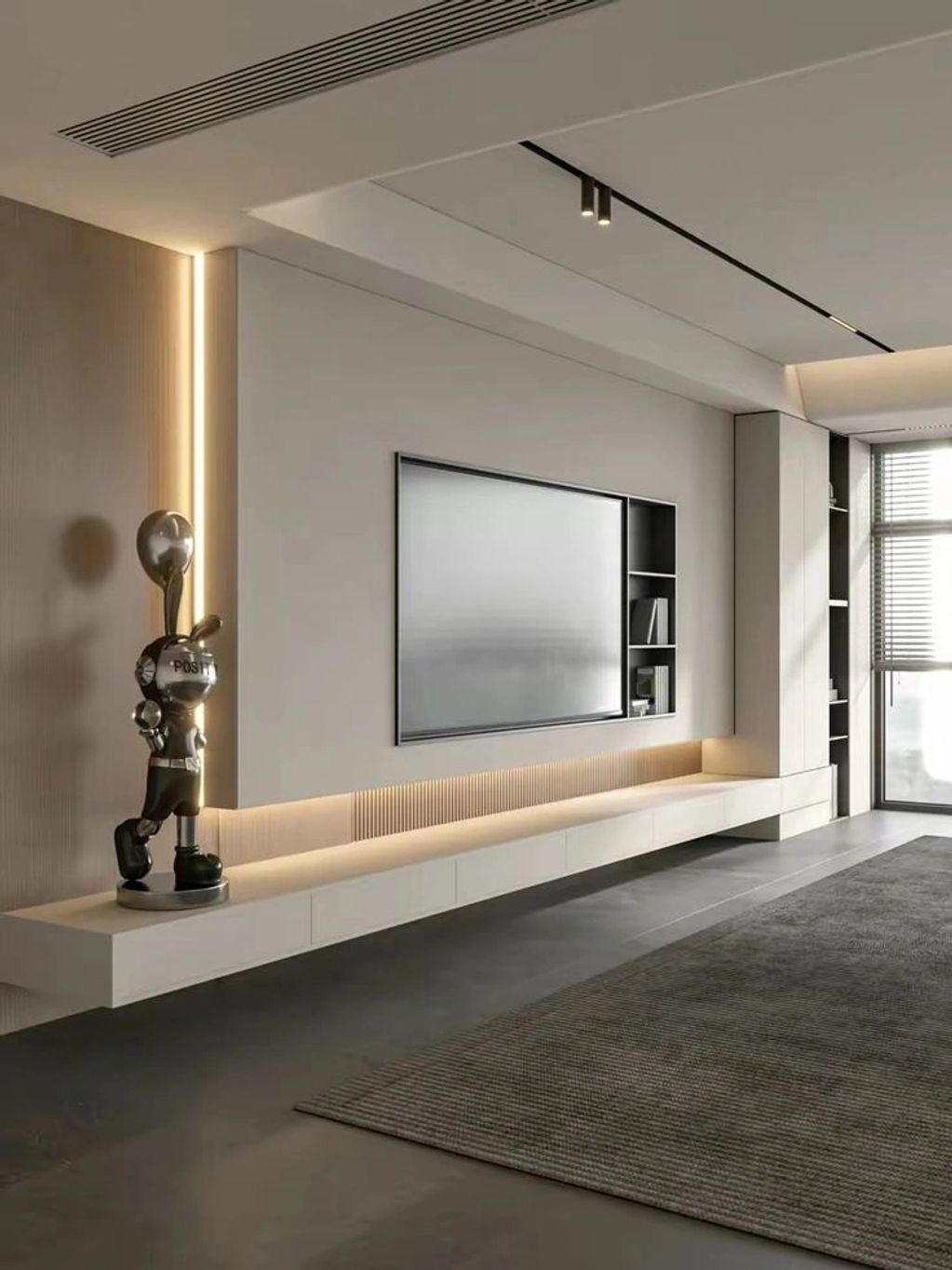 Minimalist living room with modern sculpture and built-in TV unit.