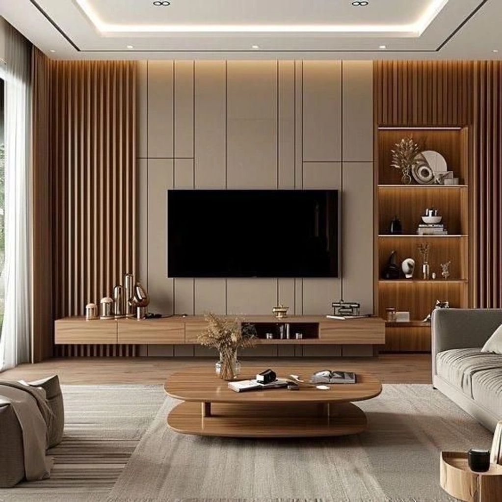 Modern living room with wooden accents and minimalist design.