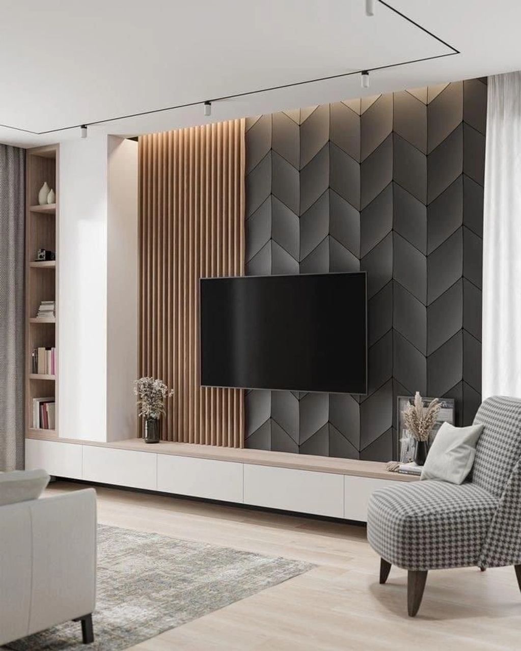 Modern living room with a sleek TV wall and cozy seating.