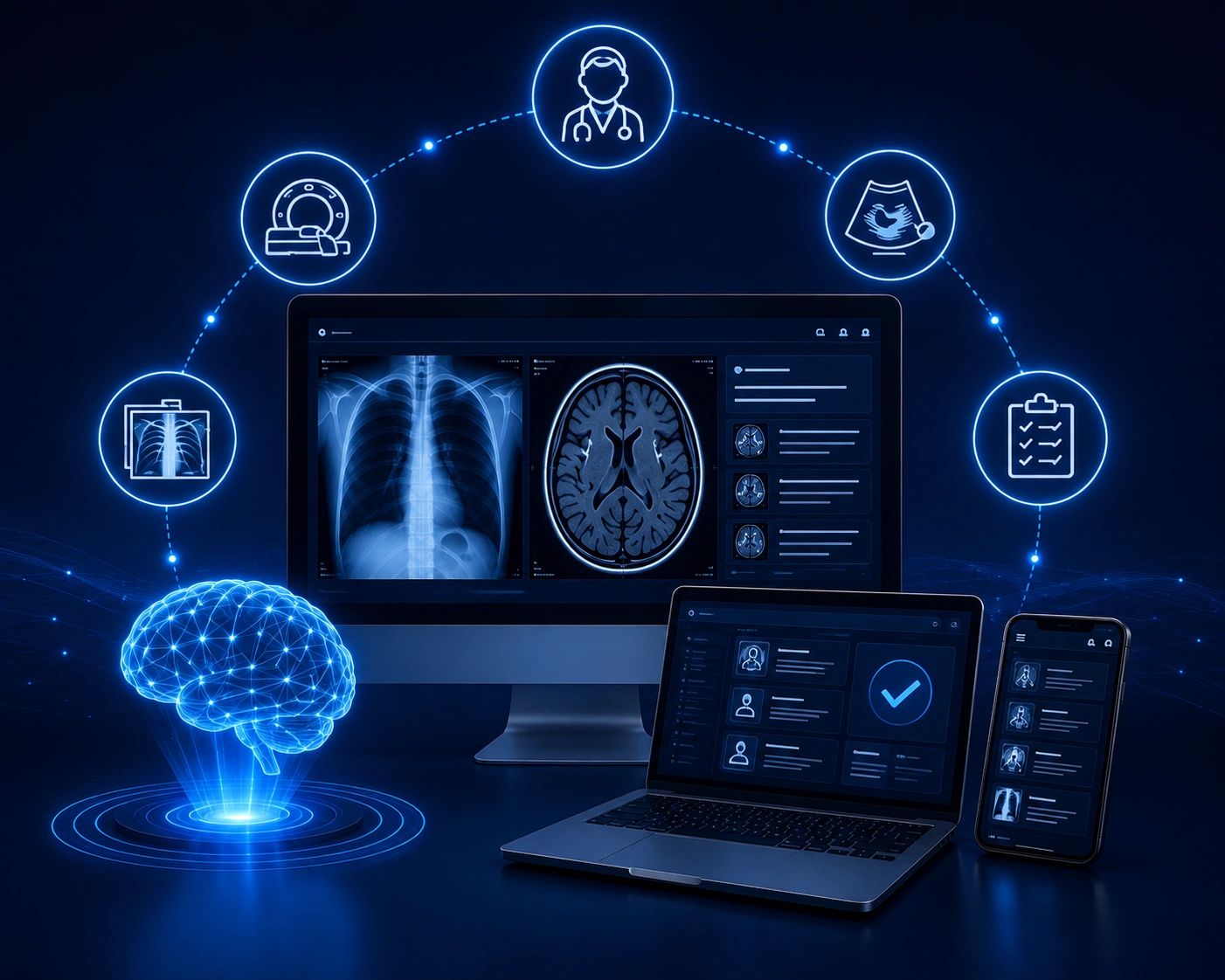 Representación digital de tecnología médica con imágenes de escáner y datos.