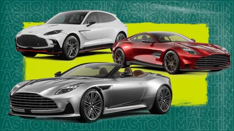 Three Aston Martin cars in white, red, and silver with a vibrant background.