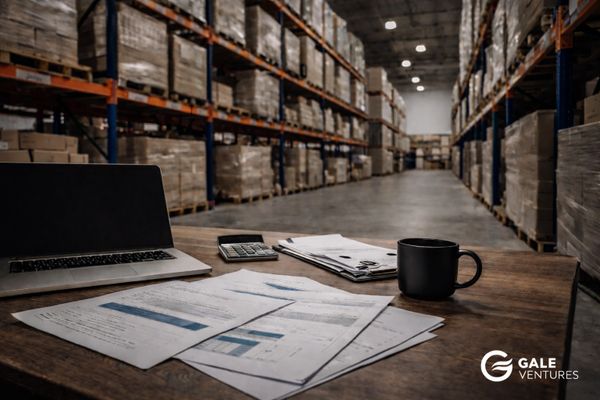 Warehouse office desk with laptop, documents, and coffee cup amid storage racks.