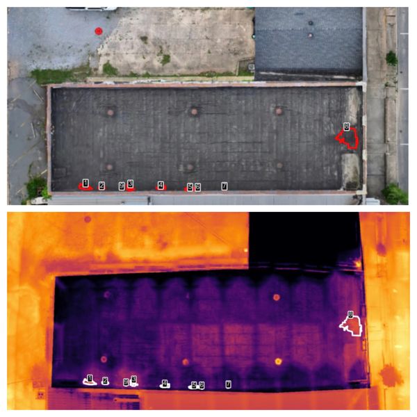Comparison of aerial views: normal vs thermal imaging of a rooftop.