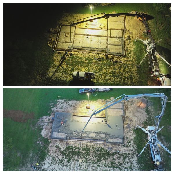Two aerial construction scenes showing concrete slab pouring.