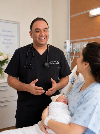 Doctor speaking with new mother holding newborn in hospital room.