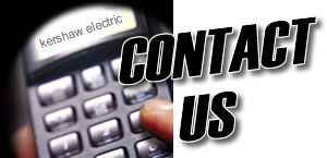 "CONTACT US" text beside a person typing "kershaw electric" on a phone keypad