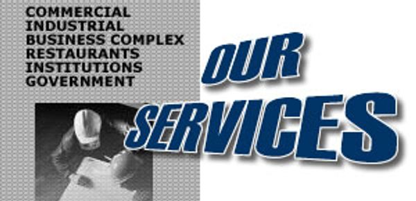 "OUR SERVICES" in blue text next to a list of sectors: Commercial, Industrial, Business Complex, etc