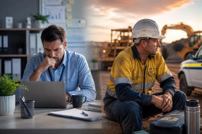Two men, one in office and one in construction site, both deep in thought.