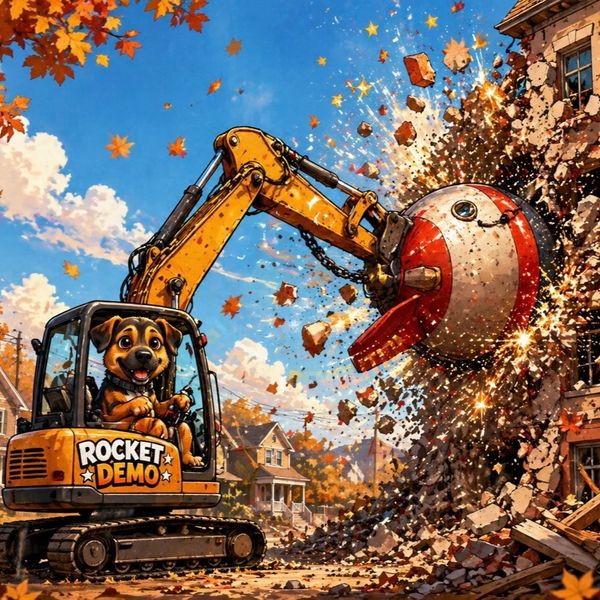 Dog operating a wrecking ball machine in autumn.