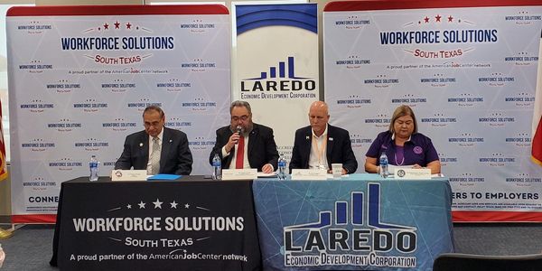 Panel of four speakers at Workforce Solutions South Texas and Laredo Economic Development event.