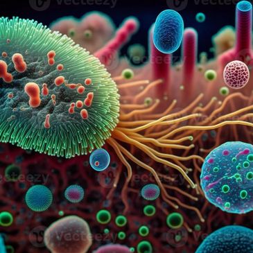 Close-up 3D illustration of colorful bacteria and microorganisms.