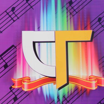 Colorful logo with musical notes and ribbon.