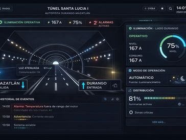 Control panel screen showing operational status of Santa Lucia tunnel lighting system.