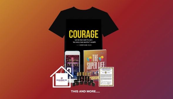 Motivational courage-themed t-shirt and various inspirational books and items displayed.