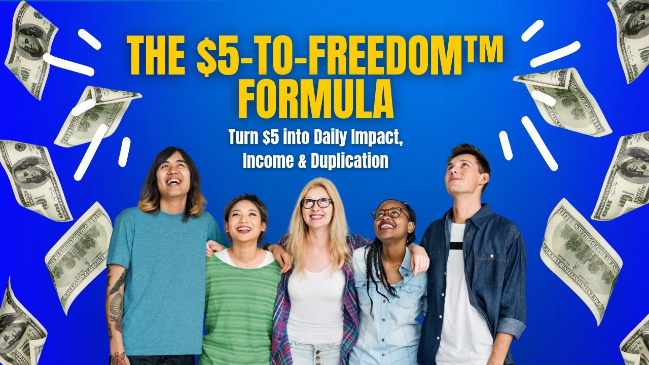 Group of young people smiling under the $5-to-Freedom™ formula banner with floating money.