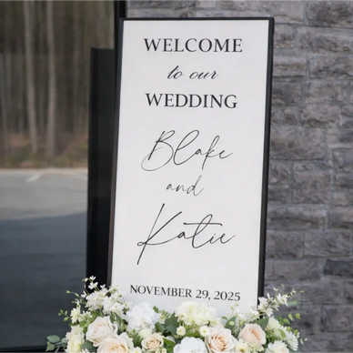 Elegant wedding welcome sign for Blake and Katie, dated November 29, 2025.