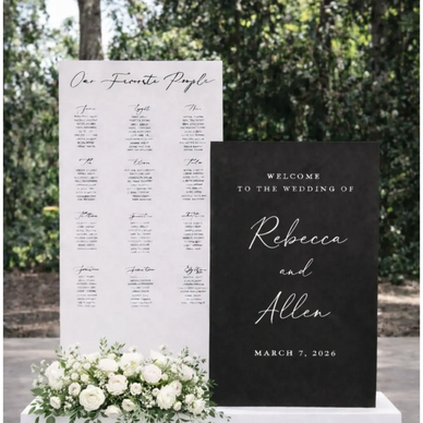 Elegant wedding signs for Rebecca and Allen on March 7, 2026, with a floral arrangement.