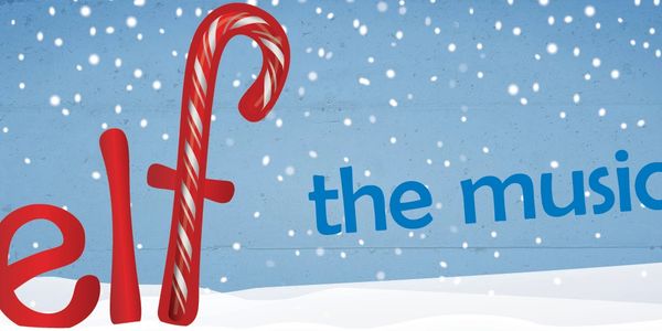 Candy cane shaped as the letter "f" in the word "elf" on a snowy background.