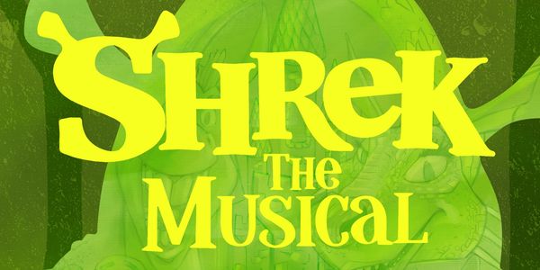 Logo for Shrek The Musical with green ogre ears graphic.