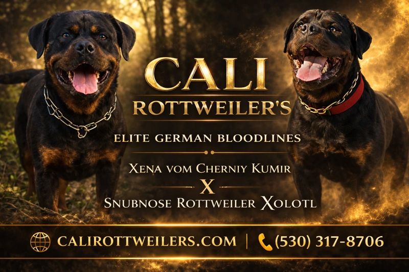 Two Rottweilers with Cali Rottweilers elite bloodlines text.