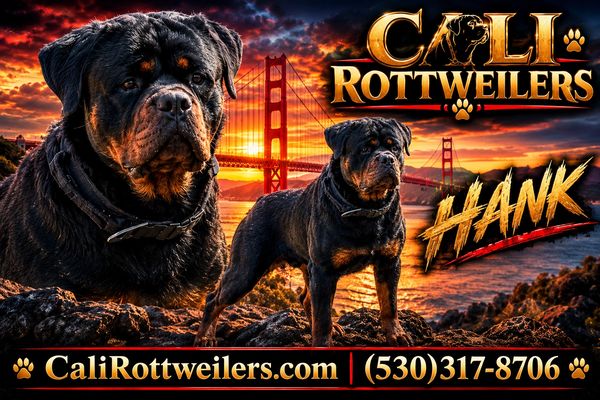 Cali Rottweilers promotional graphic featuring Hank against a Golden Gate Bridge sunset.