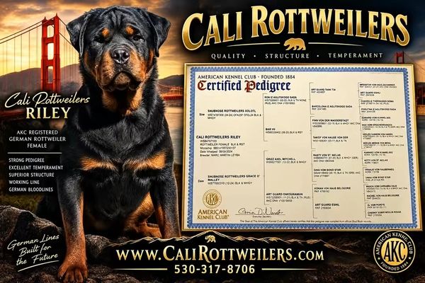 Cali Rottweilers Riley portrait and pedigree graphic. Ask Jason for a readable copy of the records.