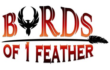 Logo for Birds of 1 Feather with feather and bird imagery.