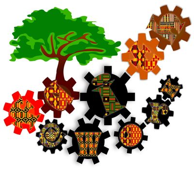 Gears with African patterns forming a tree and map of Africa.