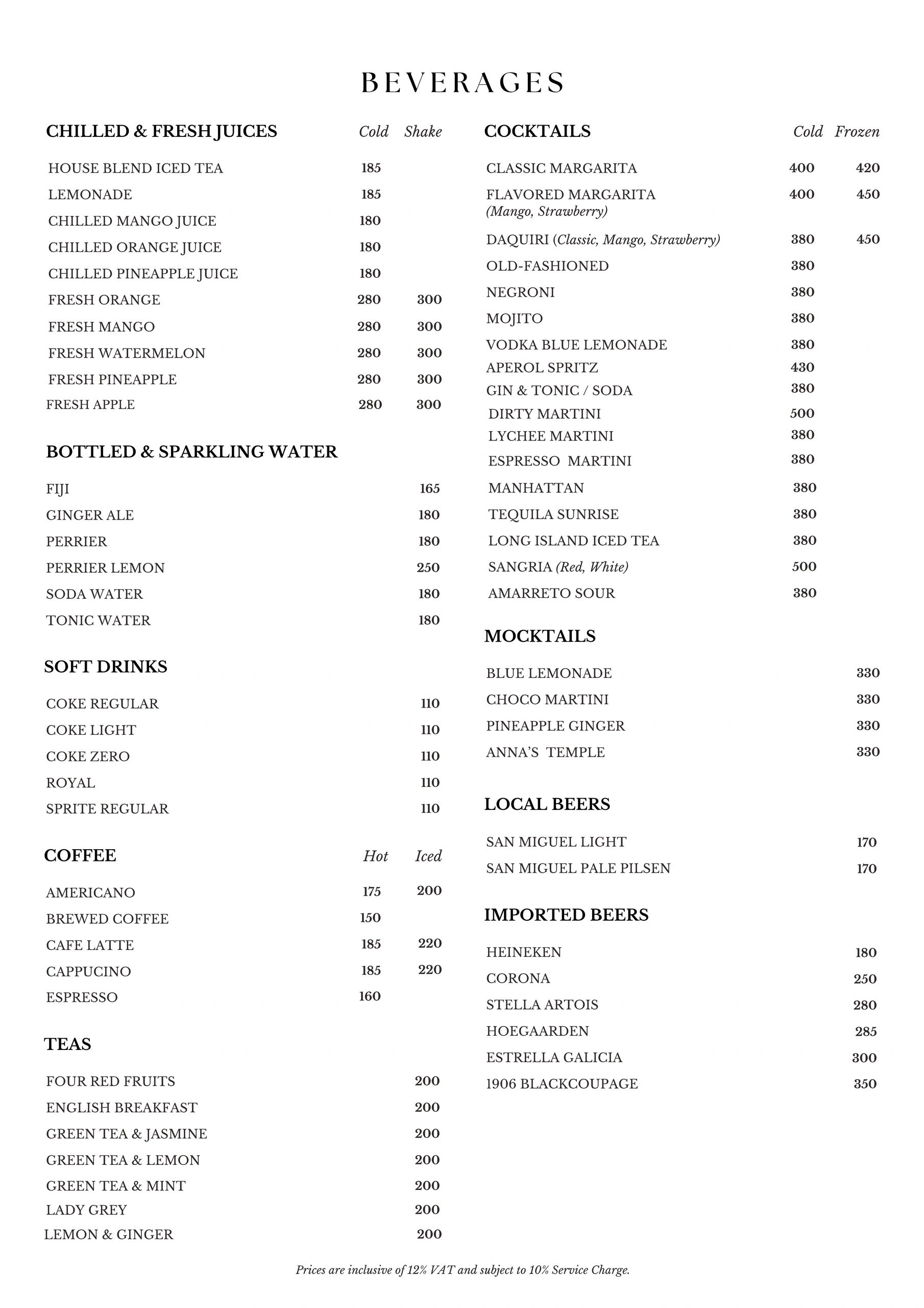 Beverage menu featuring chilled juices, coffee, teas, cocktails, mocktails, and beers with prices.