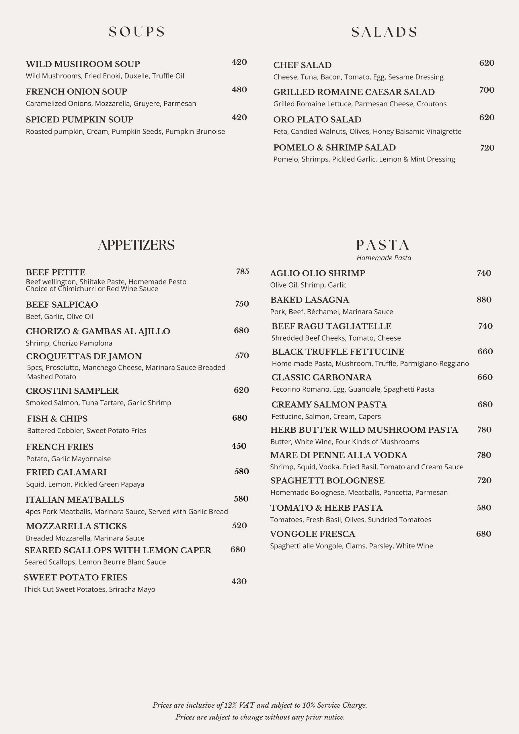 Menu featuring soups, salads, appetizers, and pasta with detailed descriptions and prices.