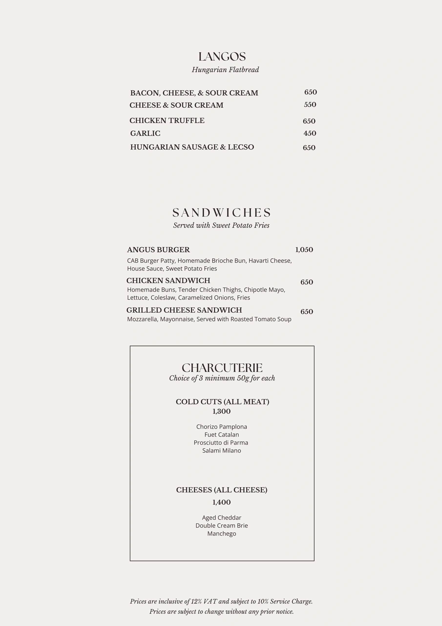 Menu featuring Langos, sandwiches, and charcuterie with prices and descriptions.