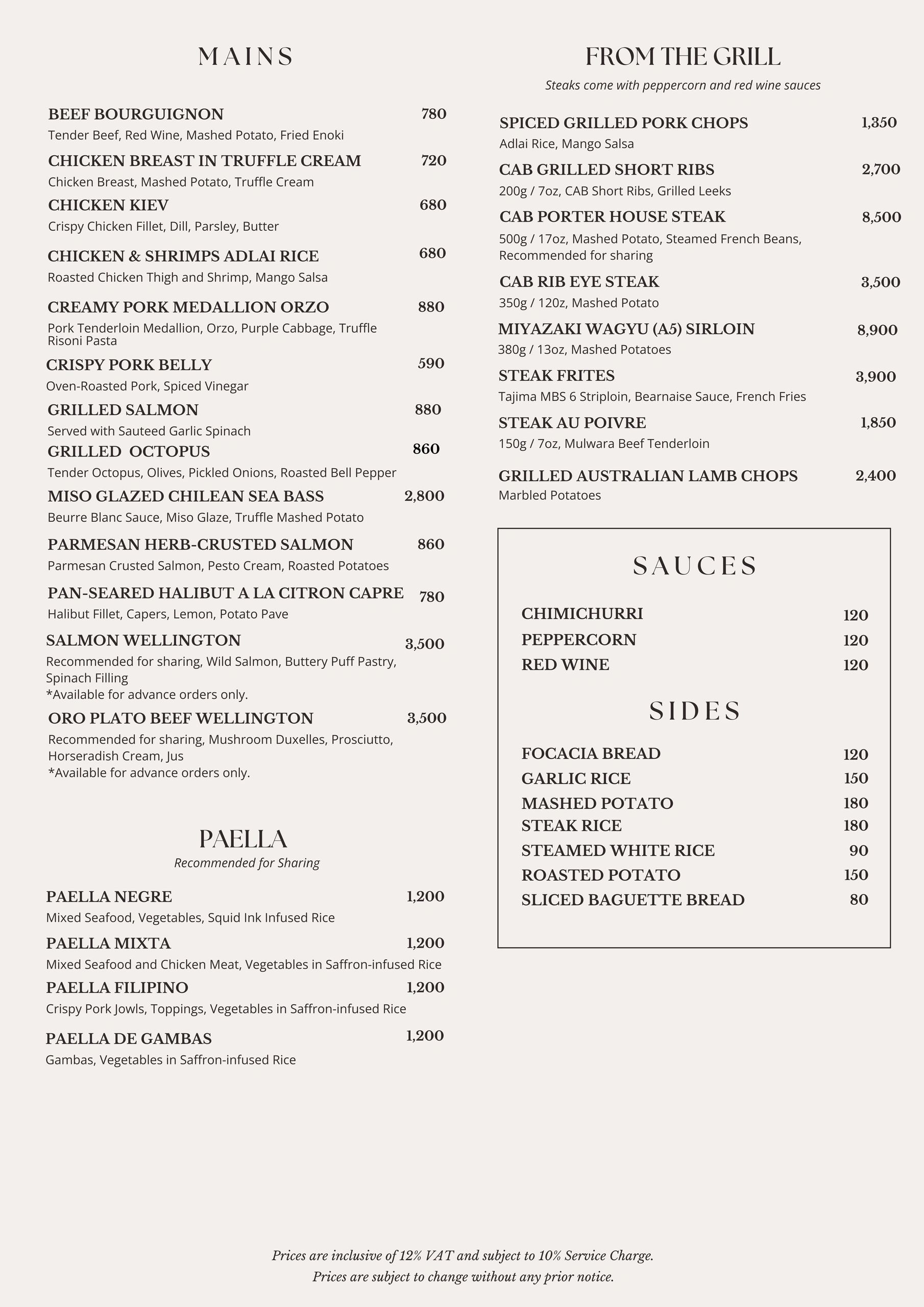 Elegant restaurant menu featuring mains, grill items, sauces, and sides with detailed descriptions and prices.