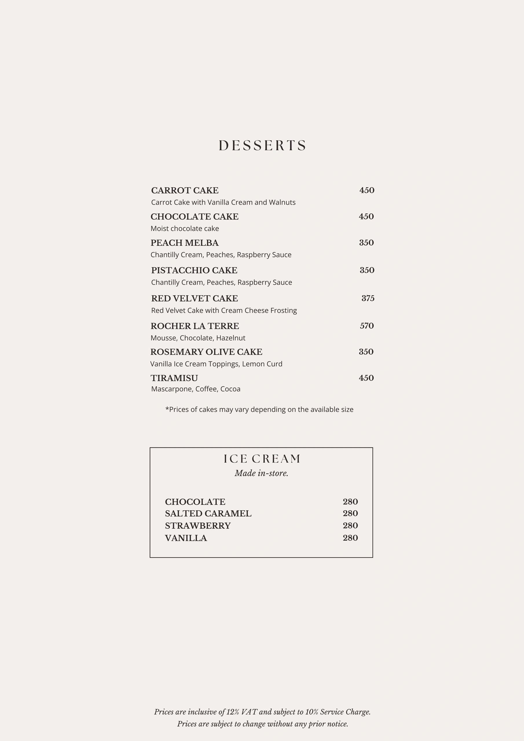 Elegant dessert and ice cream menu with various cake options and prices.