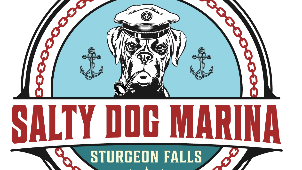 Salty Dog Marina logo displaying Sturgeon Falls in Lake Nipissing. Salty looking Boxer Dog 